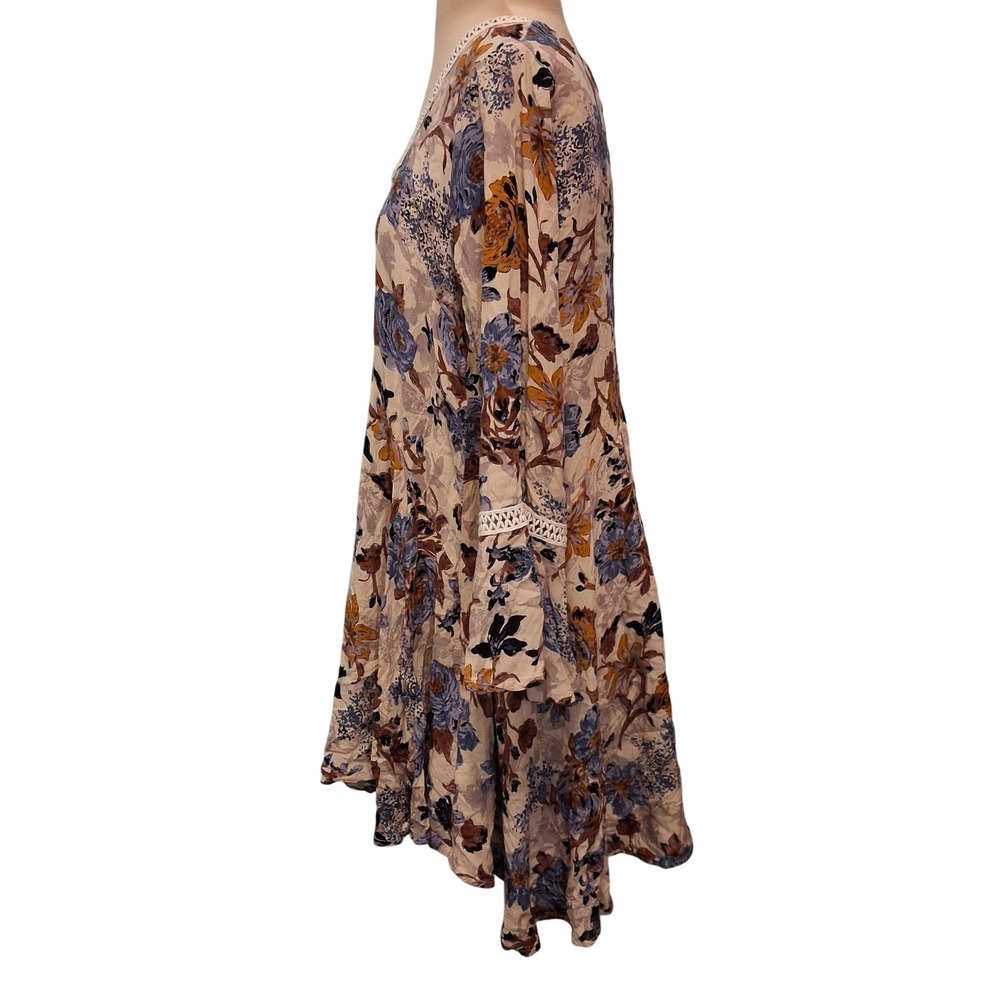 Umgee USA Floral Tunic Dress Medium Boho Crochet Lace V-Neck Bell Sleeve Blue - Picture 3 of 15